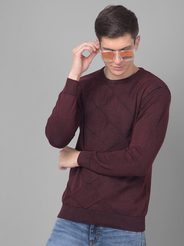 COBB SOLID WINE DIAMOND CUT ROUND NECK SWEATER