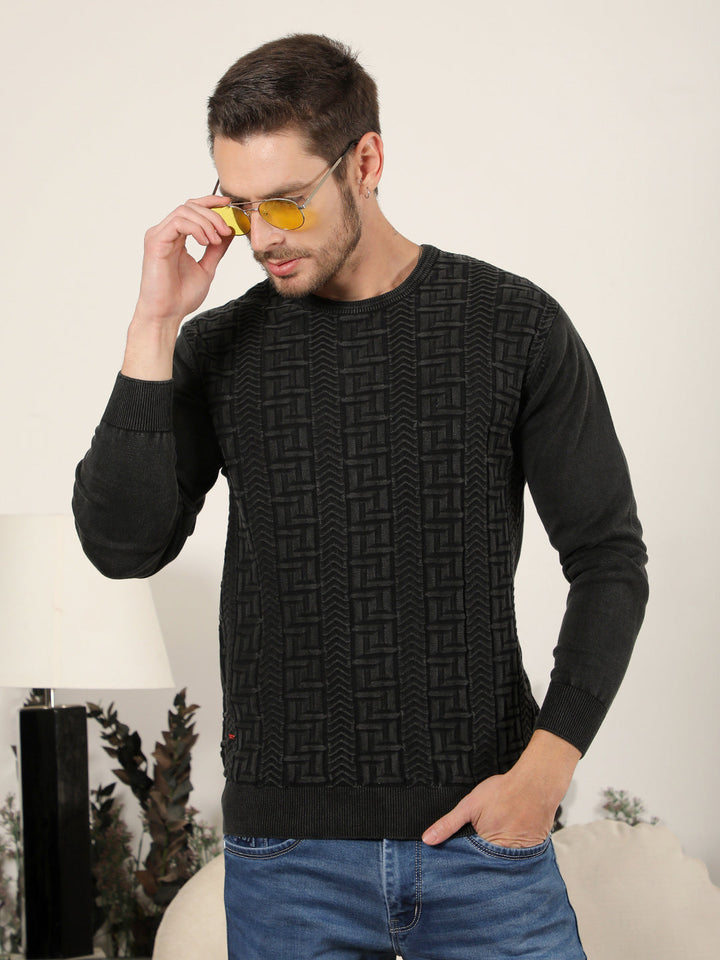 cobb black self-design round neck sweater