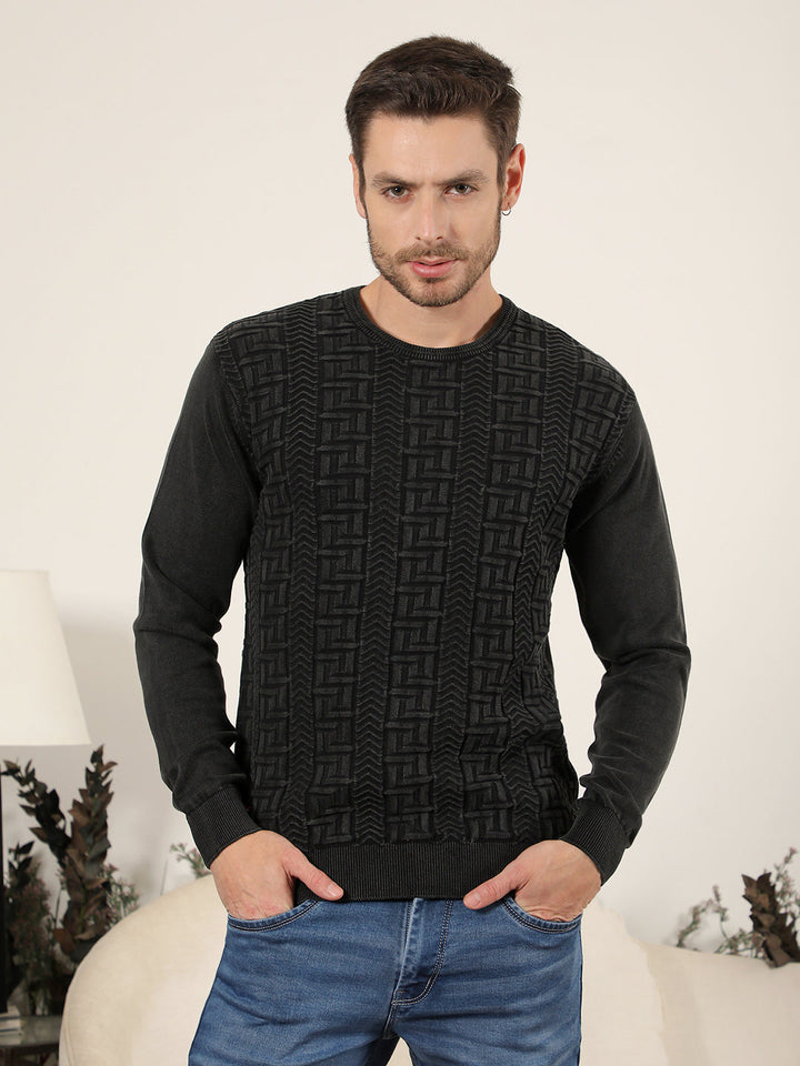 cobb black self-design round neck sweater