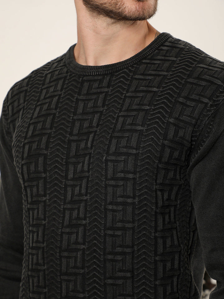 cobb black self-design round neck sweater