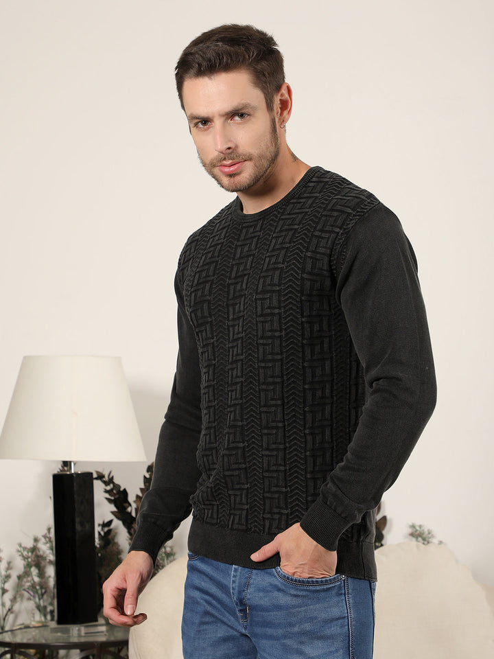 COBB BLACK SELF-DESIGN ROUND NECK SWEATER