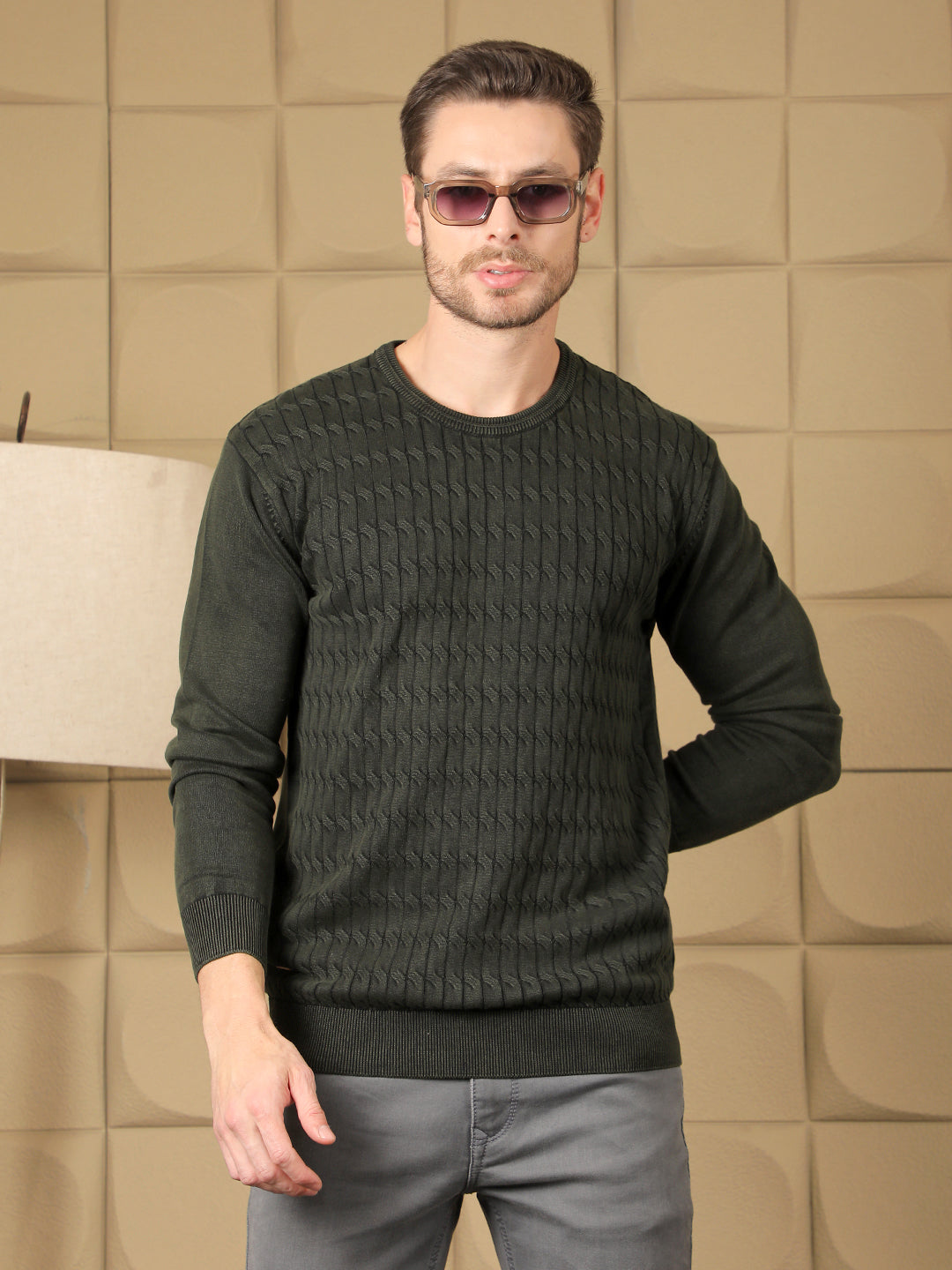 cobb olive self-design round neck sweater