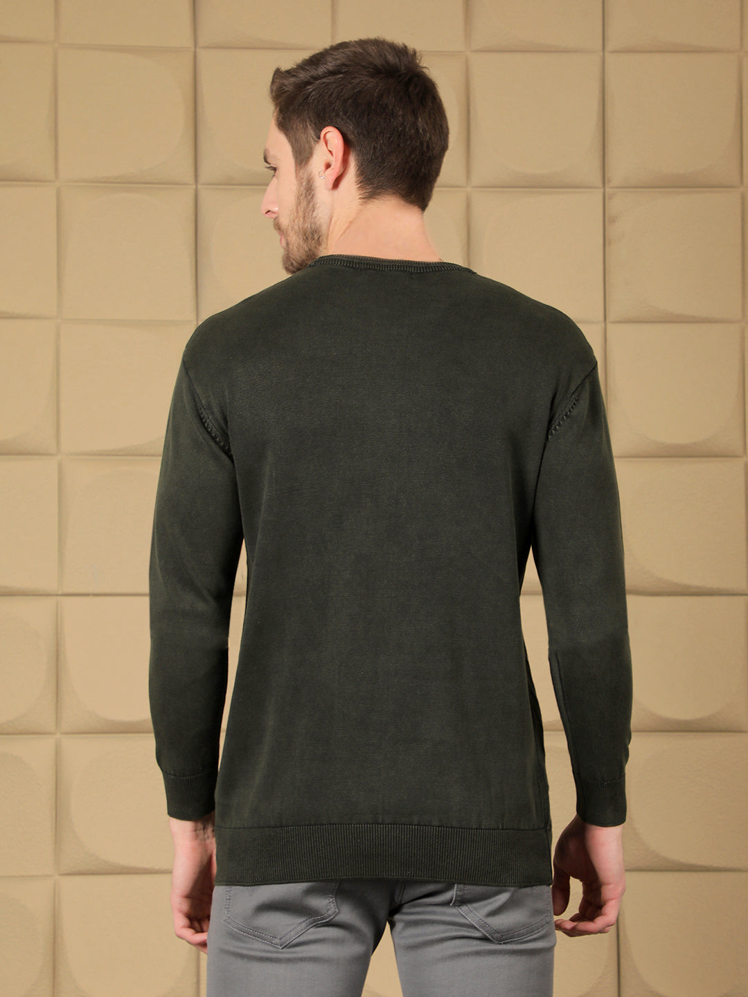 cobb olive self-design round neck sweater