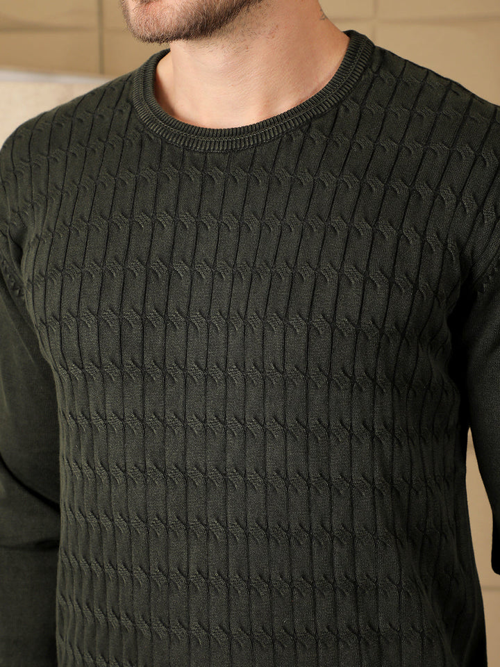 cobb olive self-design round neck sweater