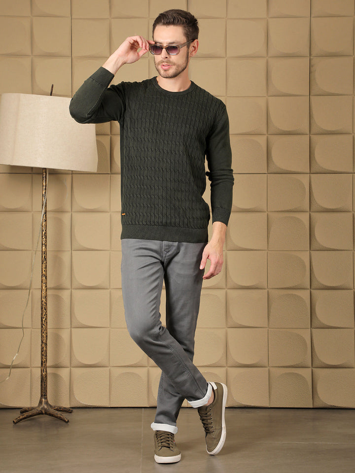 COBB OLIVE SELF-DESIGN ROUND NECK SWEATER