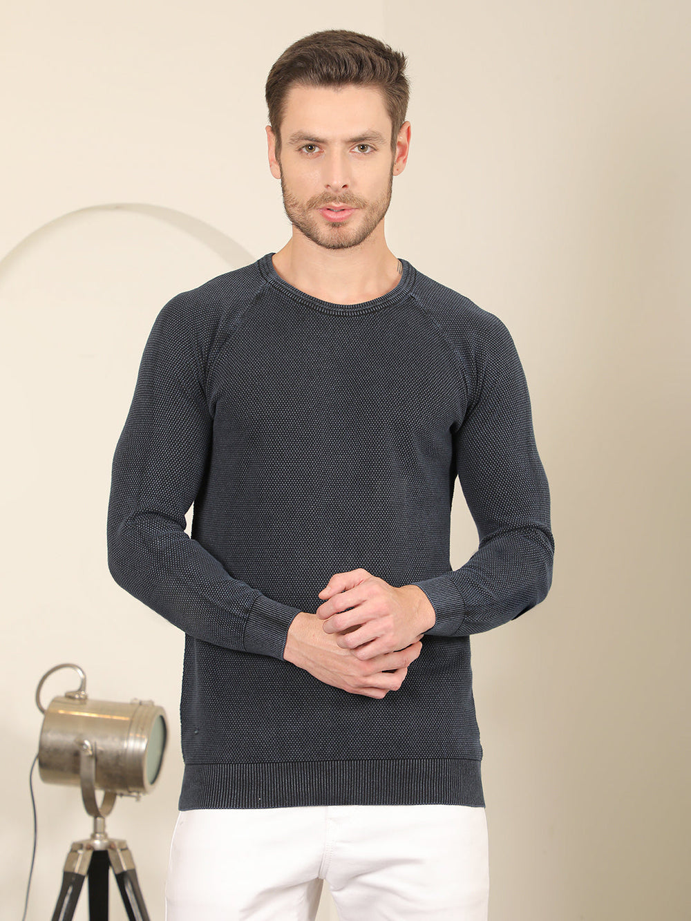 cobb solid navy blue round neck sweater