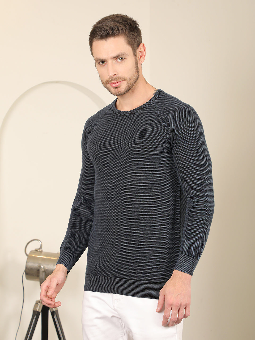 COBB SOLID NAVY BLUE ROUND NECK SWEATER