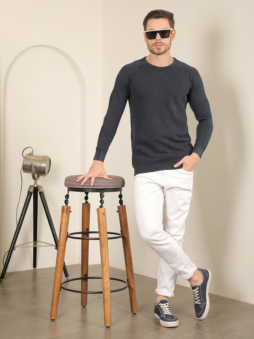 COBB SOLID NAVY BLUE ROUND NECK SWEATER