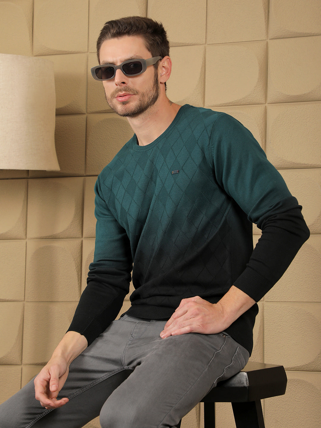 cobb teal self-design round neck sweater