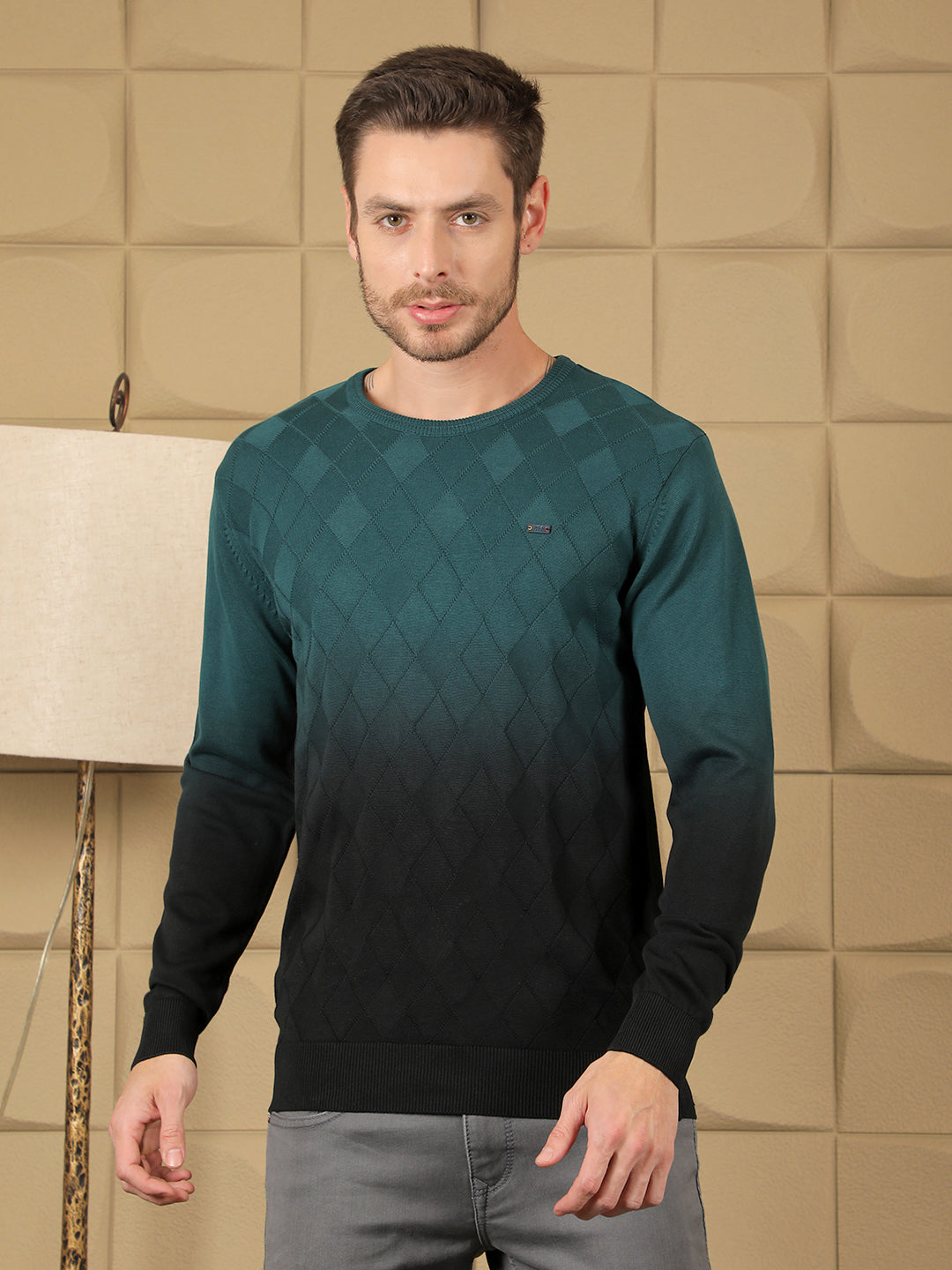 cobb teal self-design round neck sweater