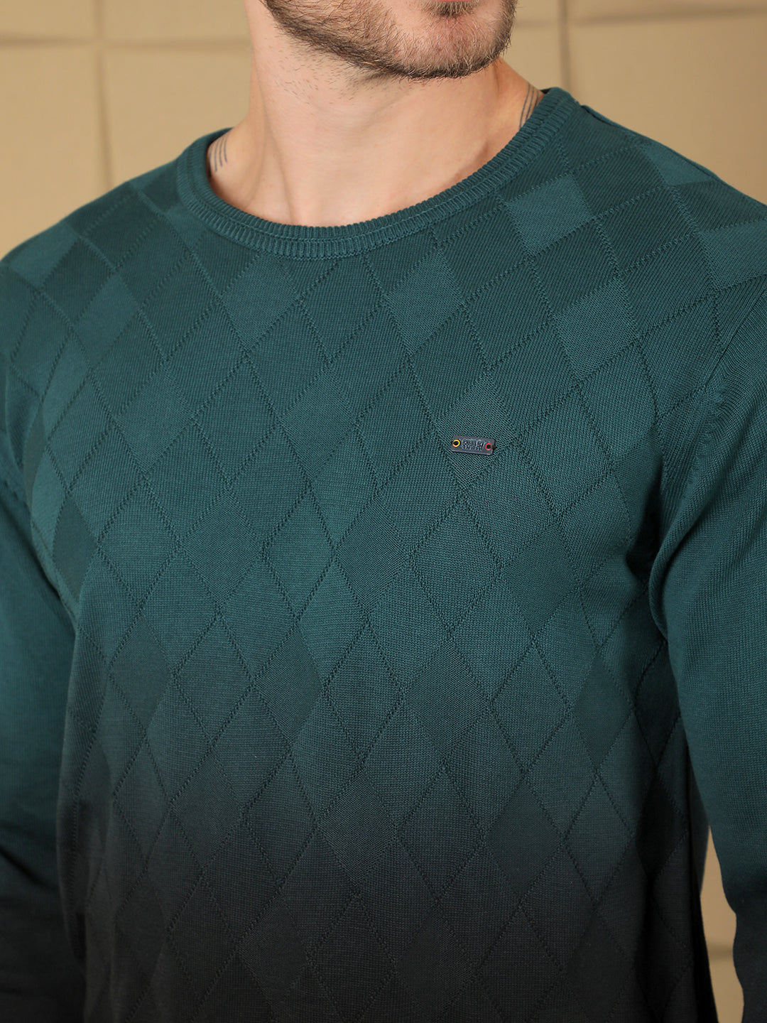 cobb teal self-design round neck sweater