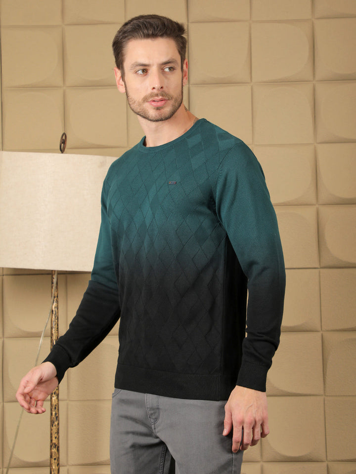 COBB TEAL SELF-DESIGN ROUND NECK SWEATER