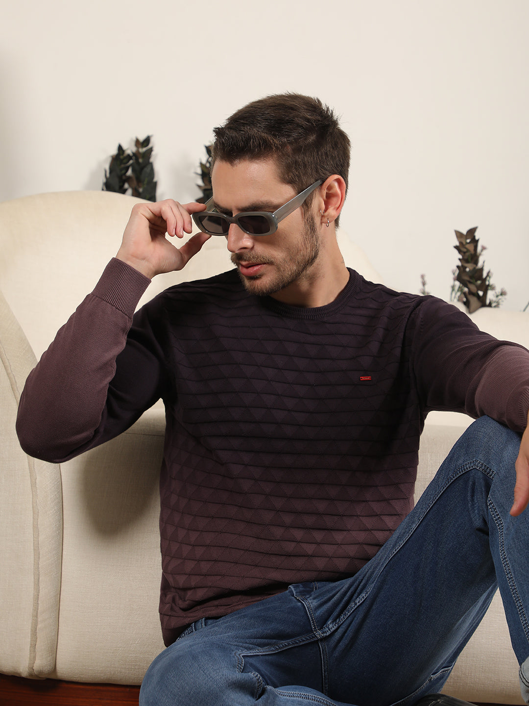 cobb mauve self-design round neck sweater