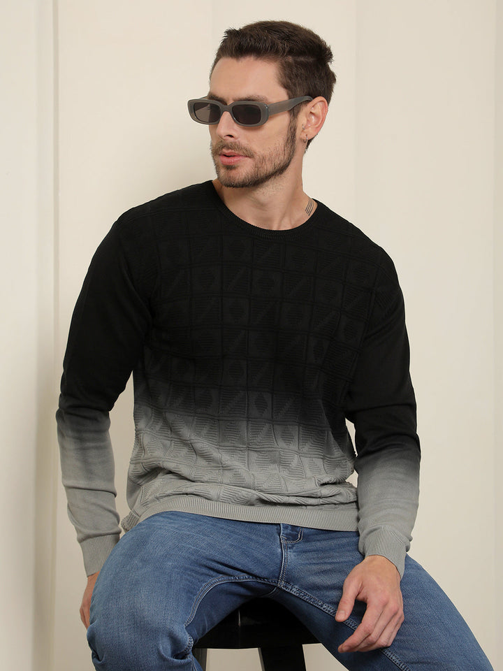 cobb black grey self-design round neck sweater