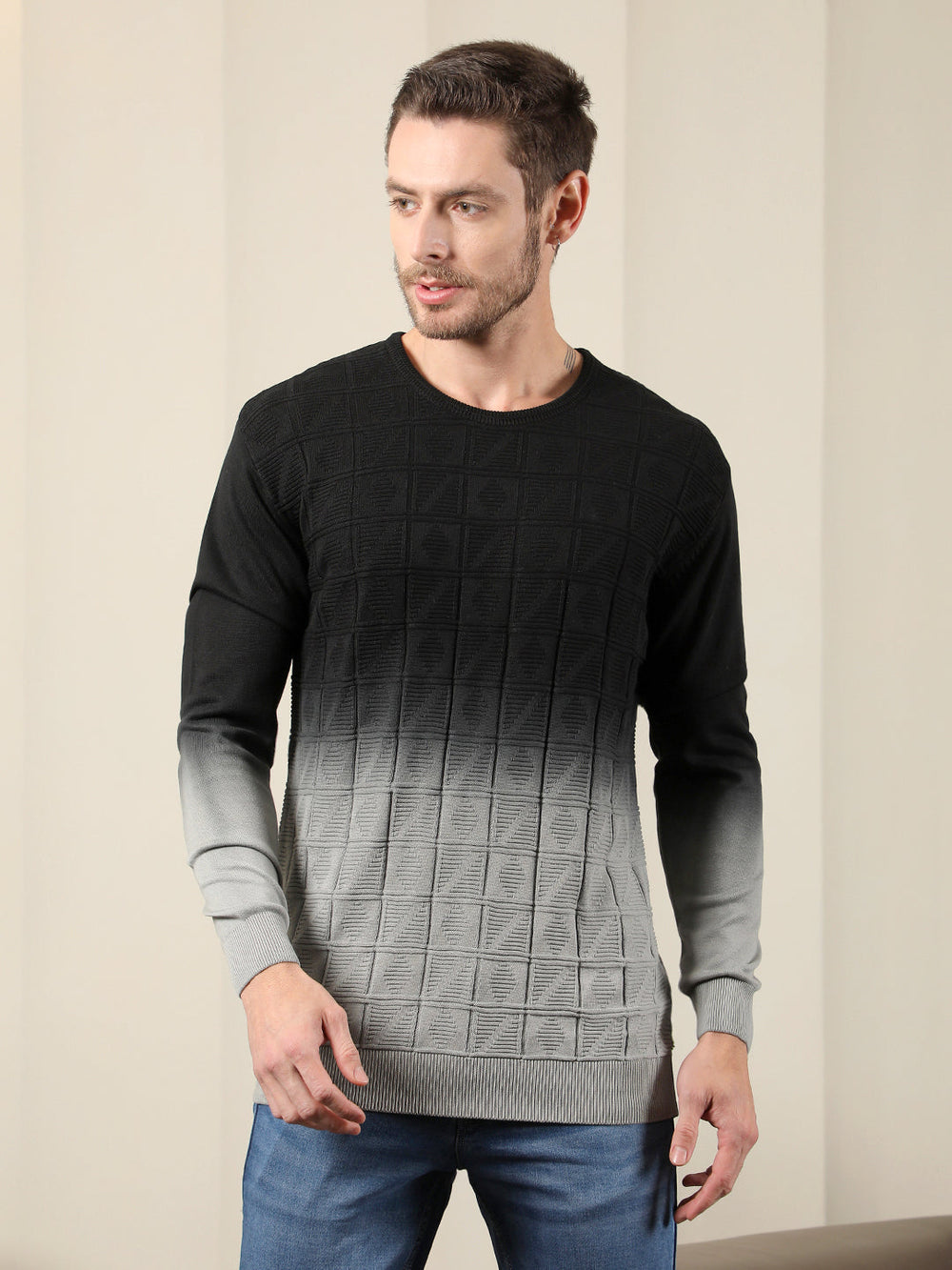 cobb black grey self-design round neck sweater