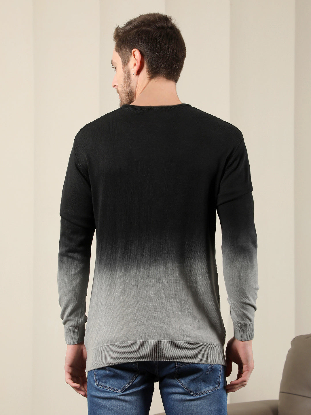 cobb black grey self-design round neck sweater