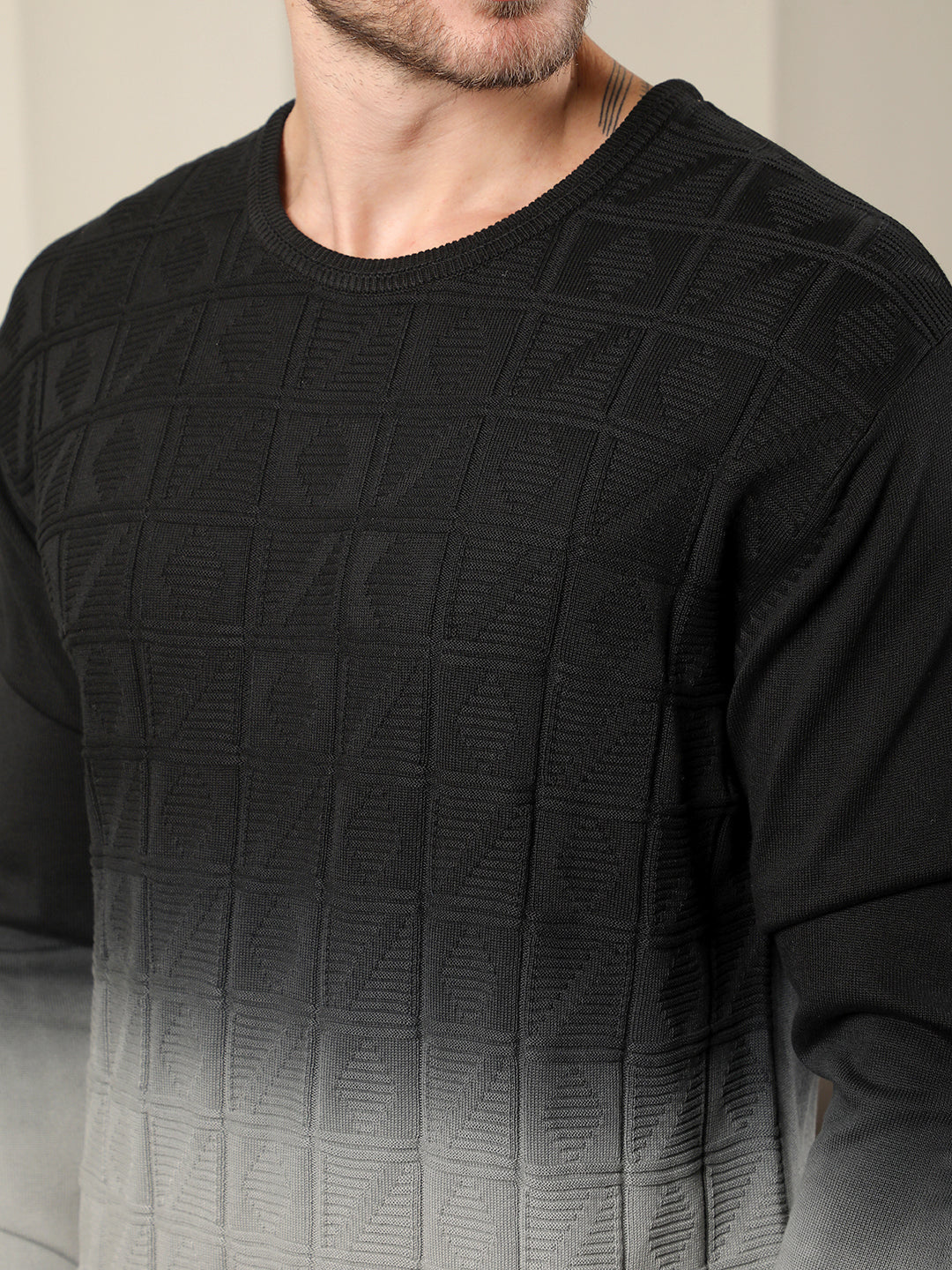 cobb black grey self-design round neck sweater