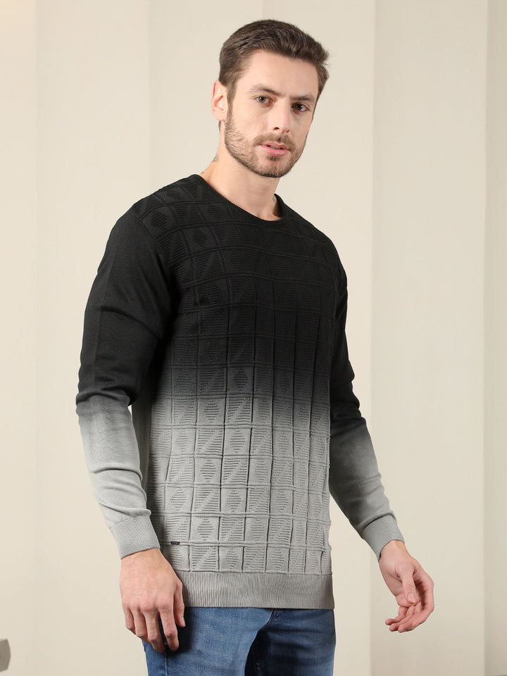 COBB BLACK GREY SELF-DESIGN ROUND NECK SWEATER