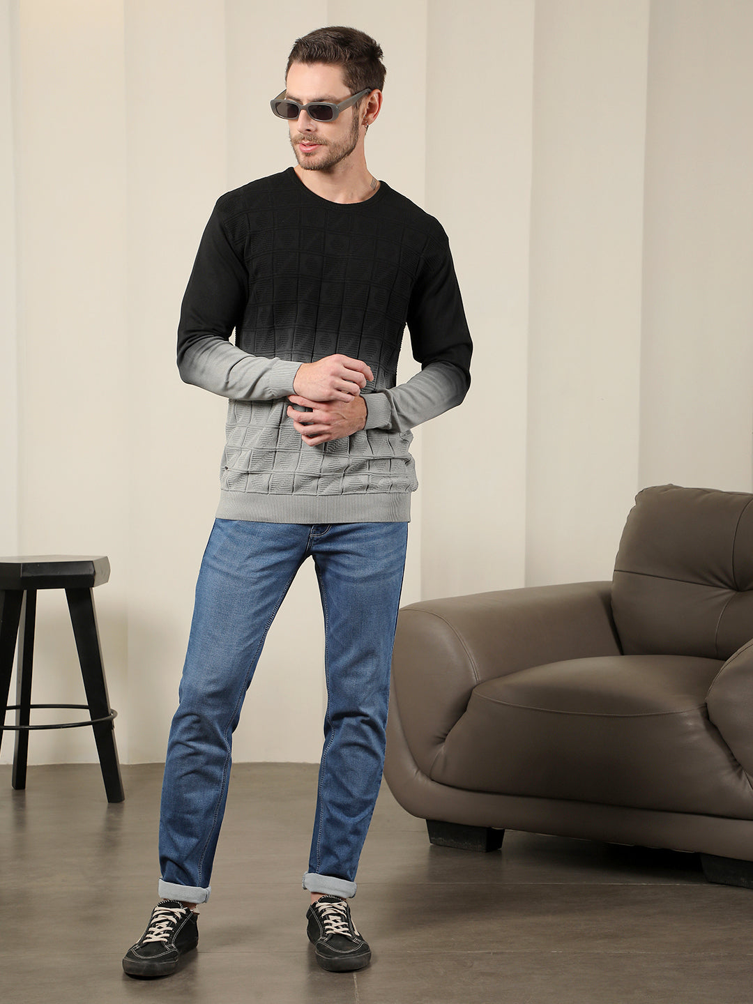 COBB BLACK GREY SELF-DESIGN ROUND NECK SWEATER