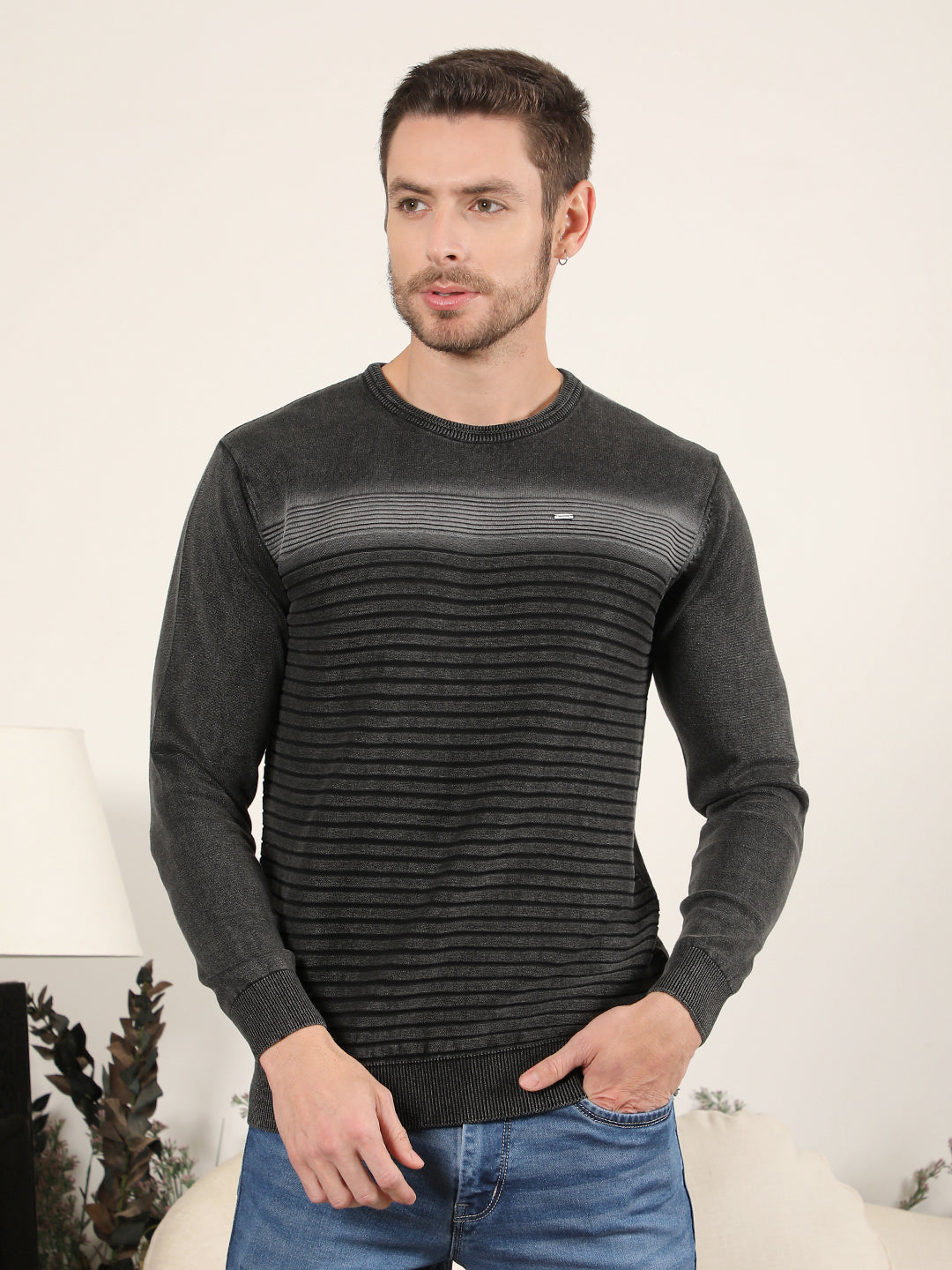 cobb dark grey striped round neck sweater