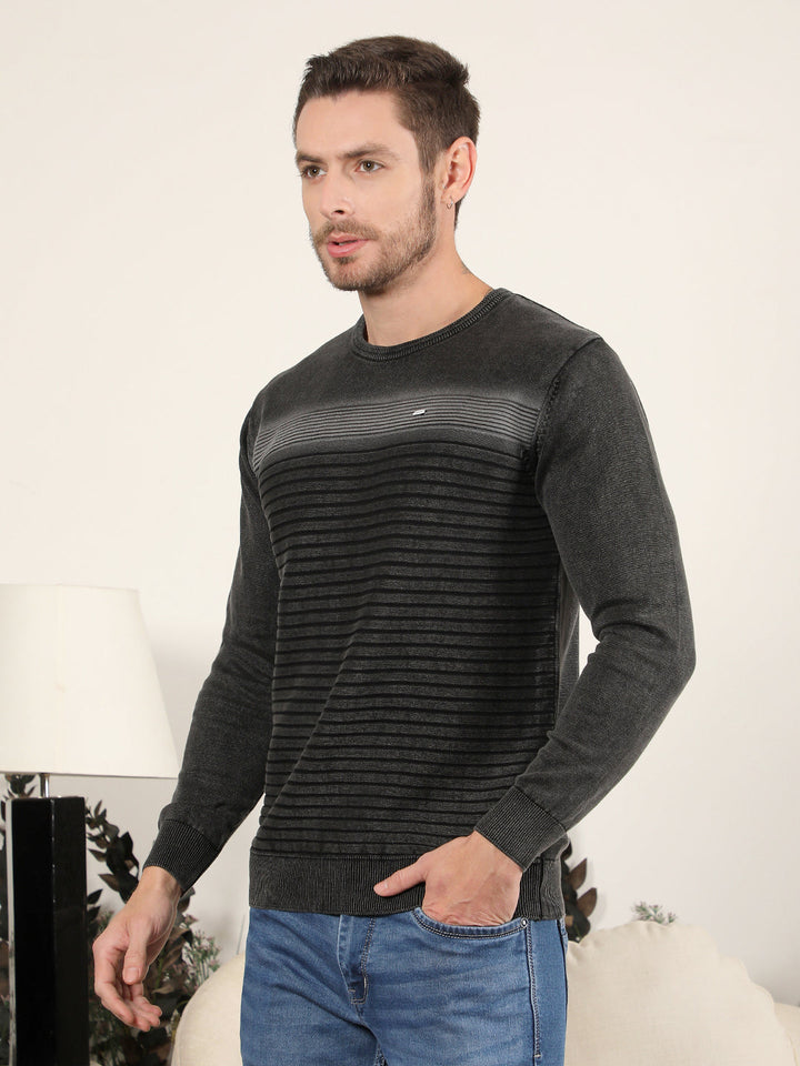 COBB DARK GREY STRIPED ROUND NECK SWEATER