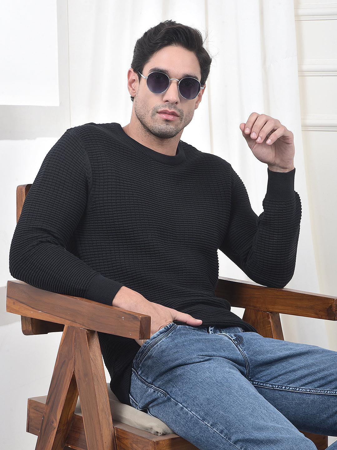 cobb black self-design round neck sweater