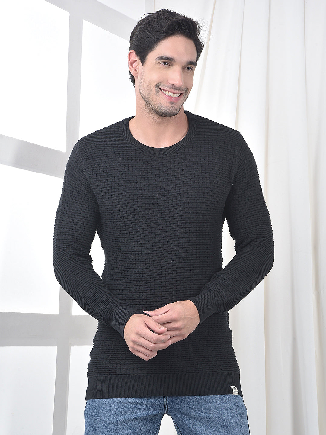 cobb black self-design round neck sweater