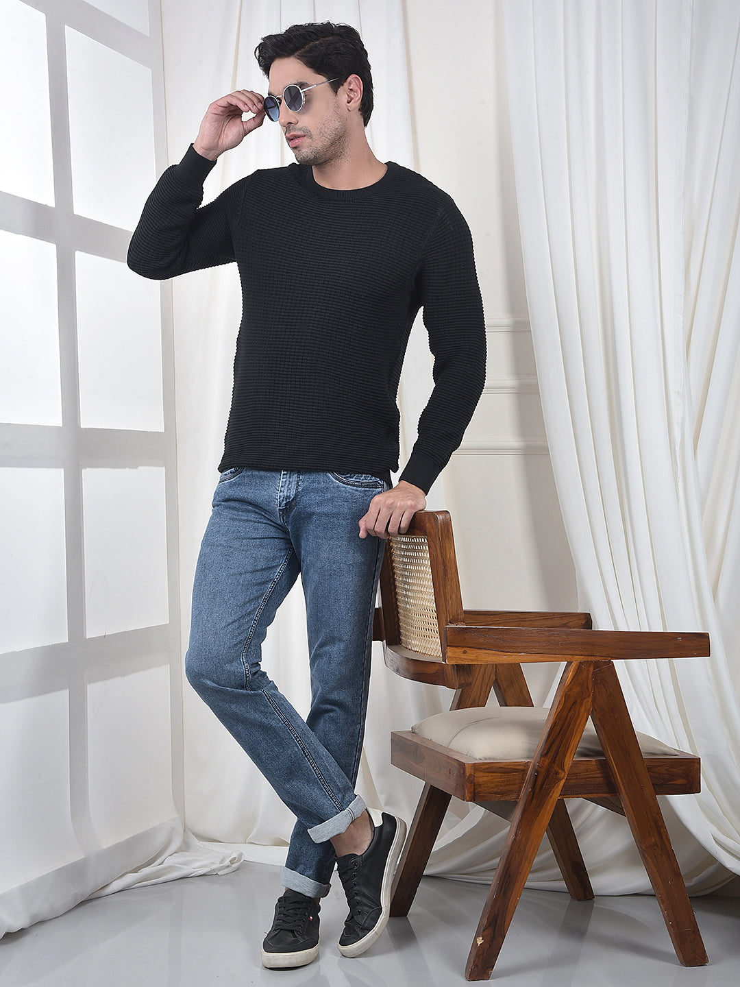COBB BLACK SELF-DESIGN ROUND NECK SWEATER