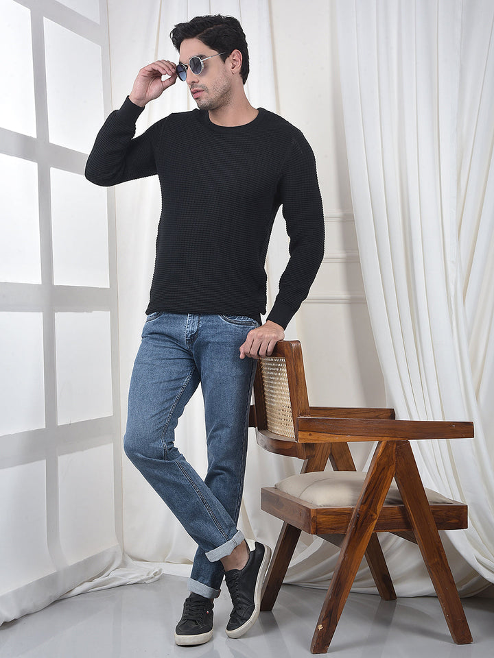 COBB BLACK SELF-DESIGN ROUND NECK SWEATER