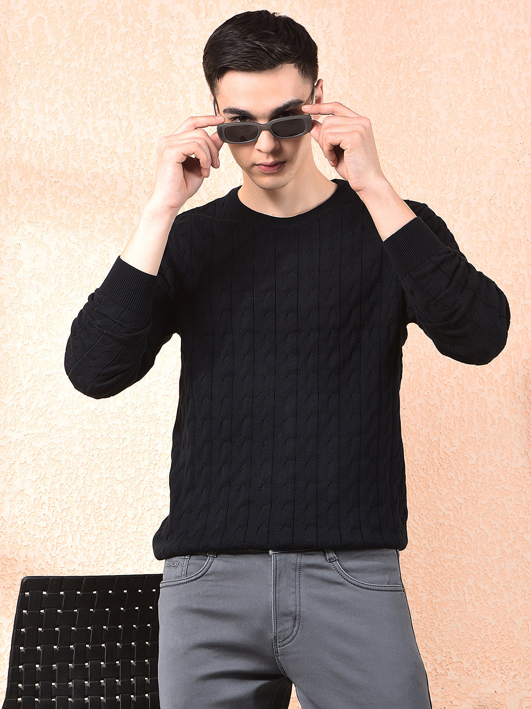 cobb black self-design round neck sweater