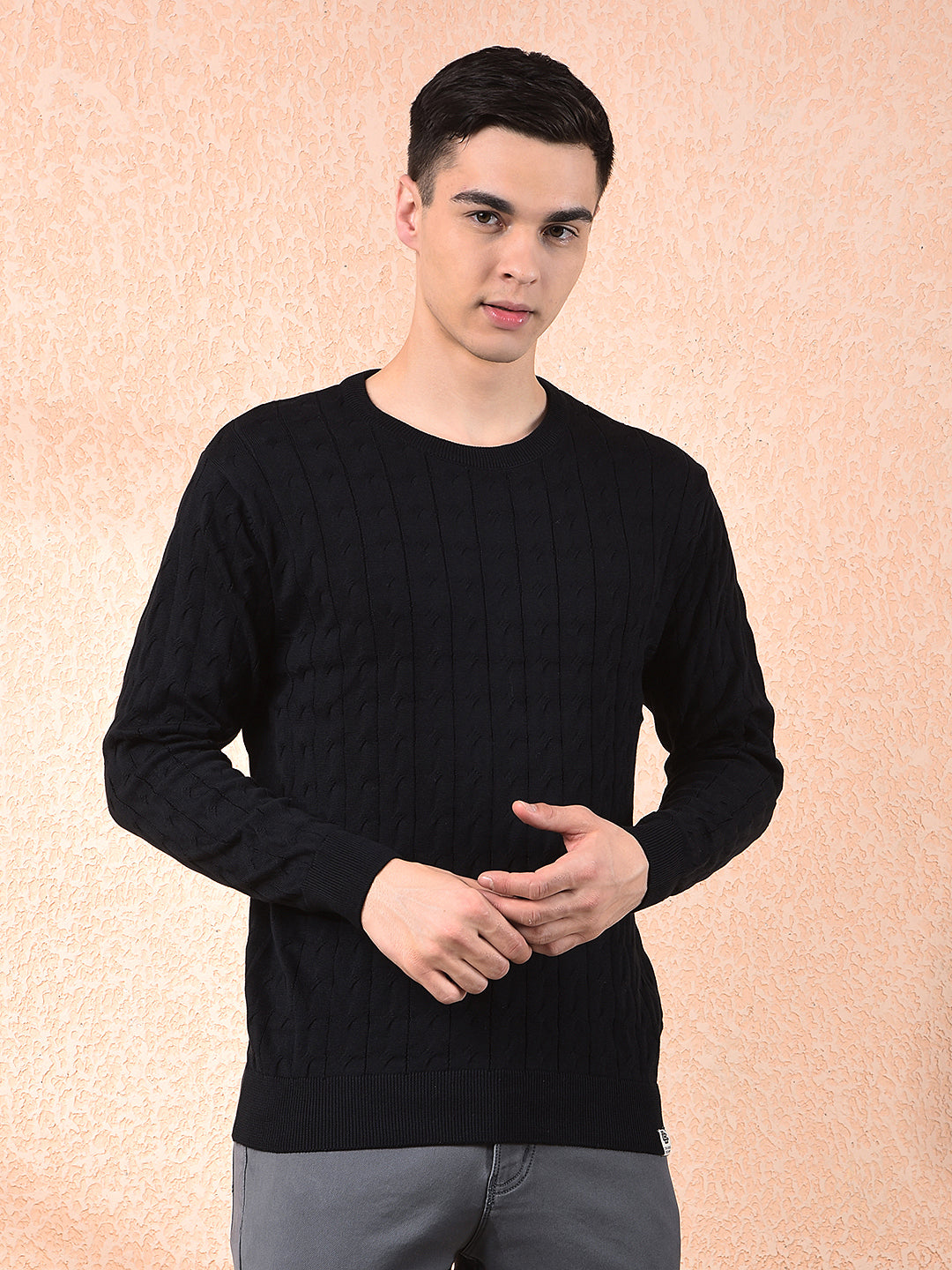 cobb black self-design round neck sweater