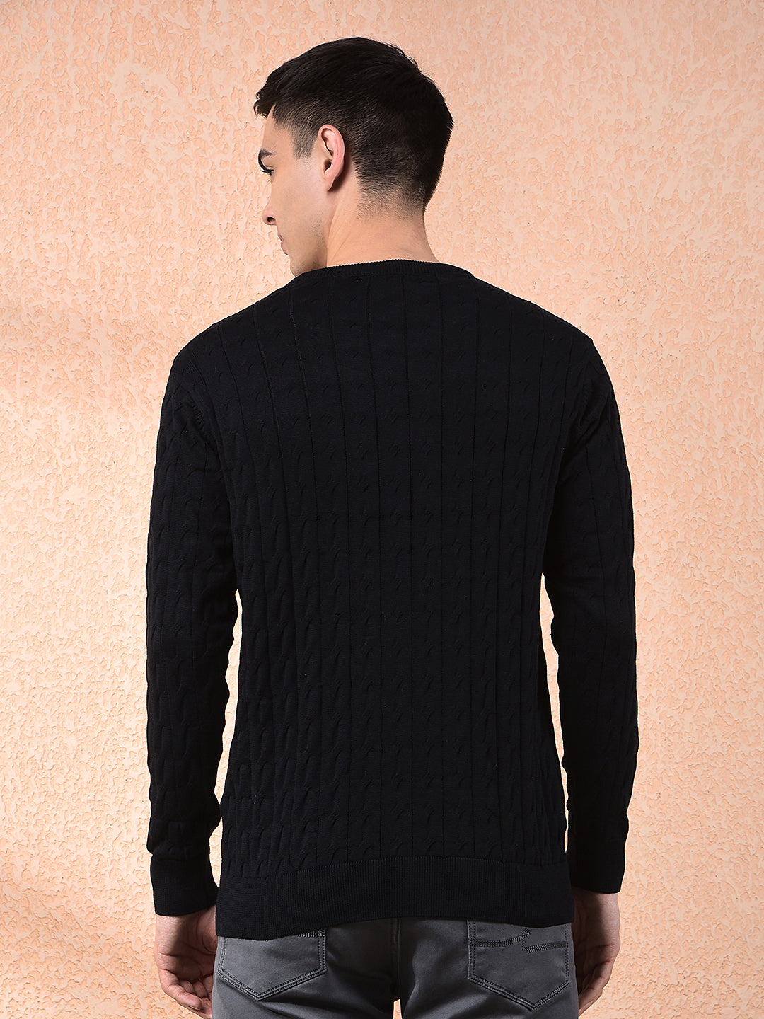 cobb black self-design round neck sweater