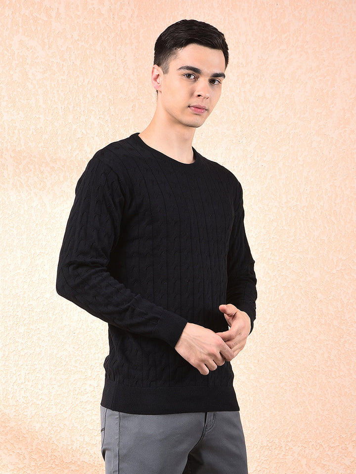 COBB BLACK SELF-DESIGN ROUND NECK SWEATER