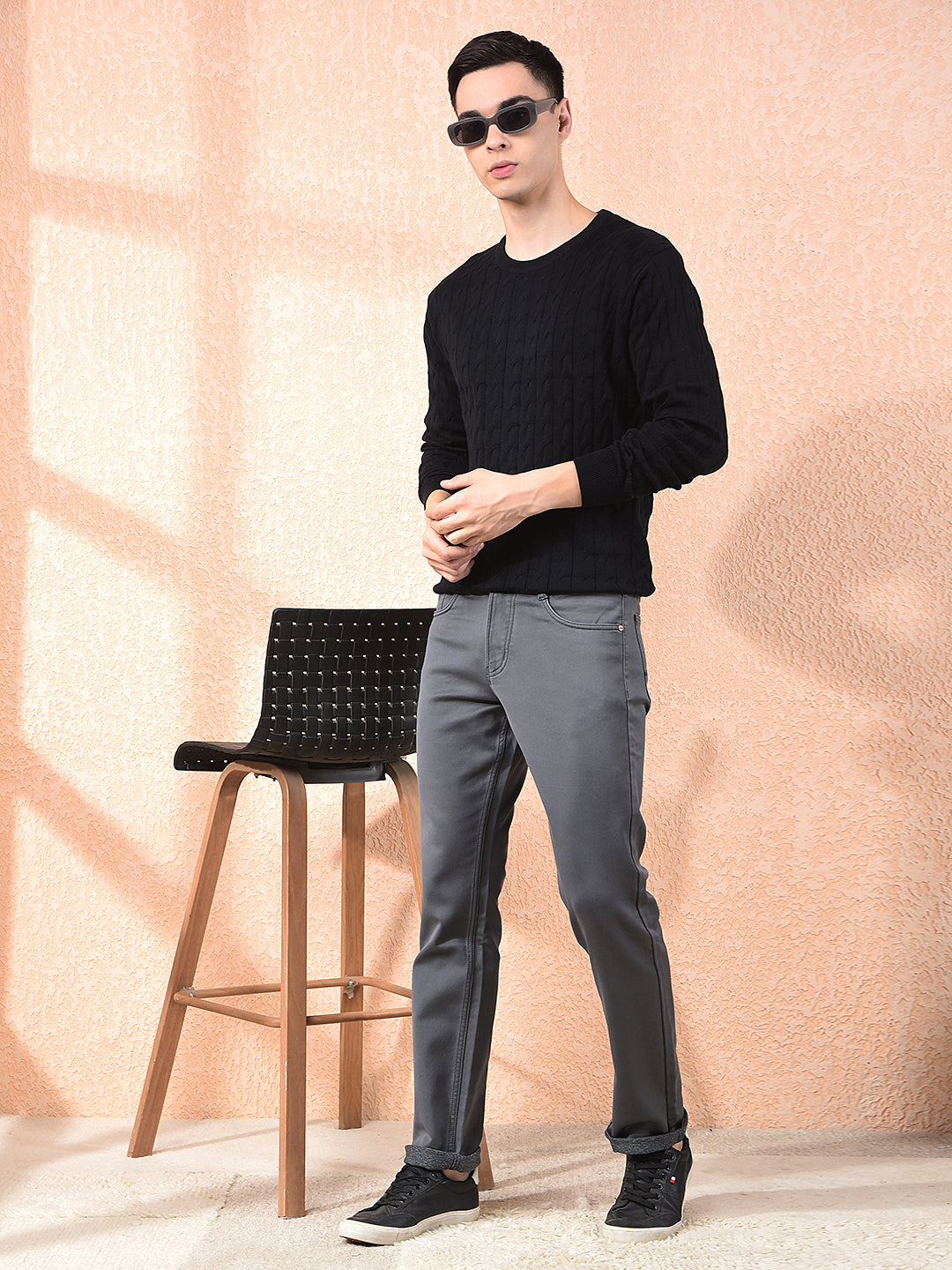 COBB BLACK SELF-DESIGN ROUND NECK SWEATER