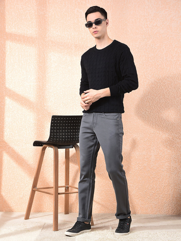 COBB BLACK SELF-DESIGN ROUND NECK SWEATER