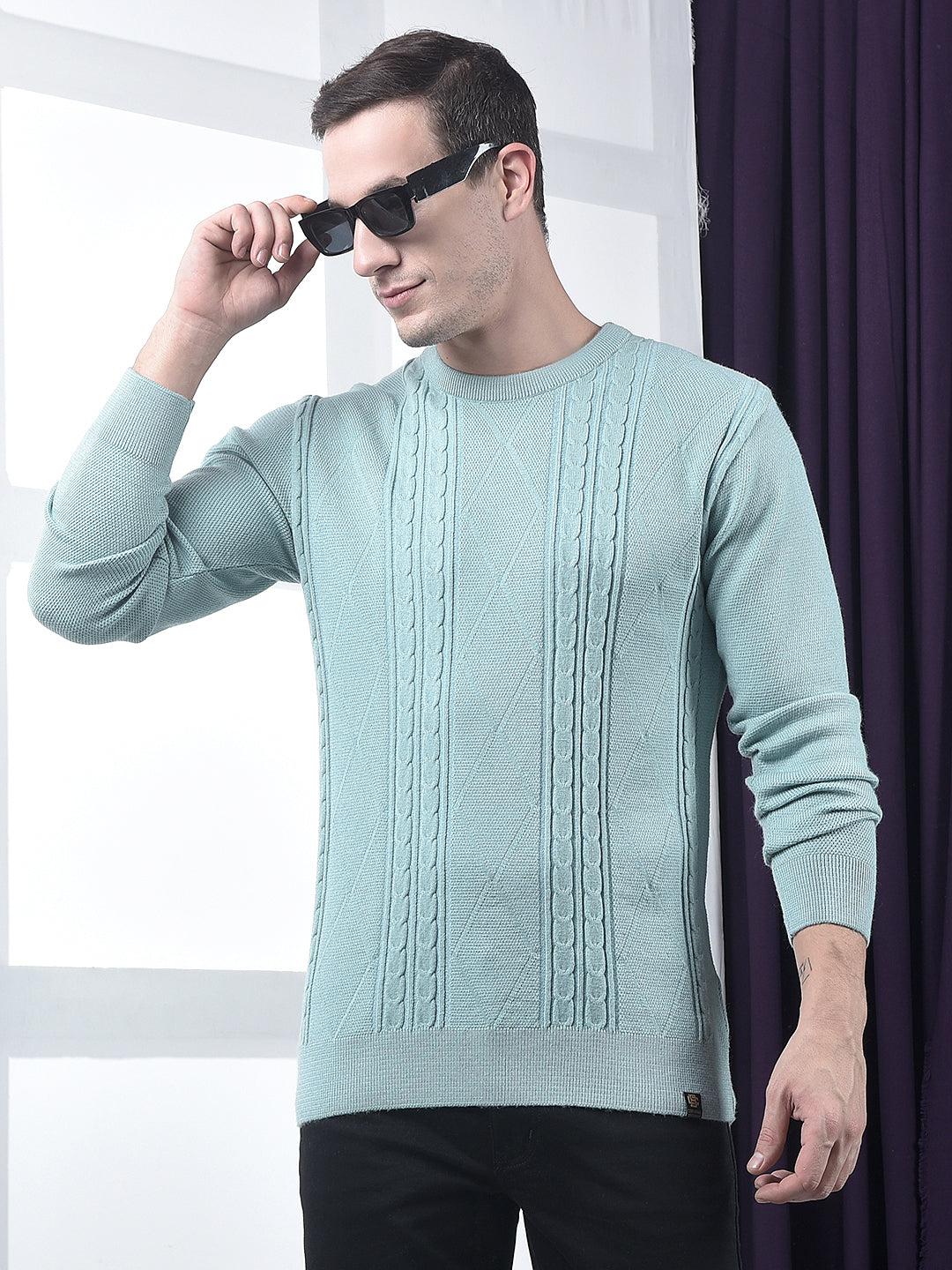 cobb sea green self-design round neck sweater