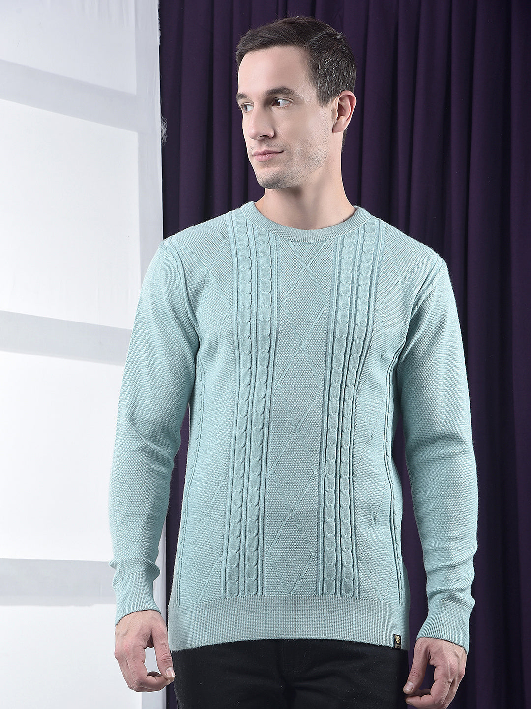 cobb sea green self-design round neck sweater