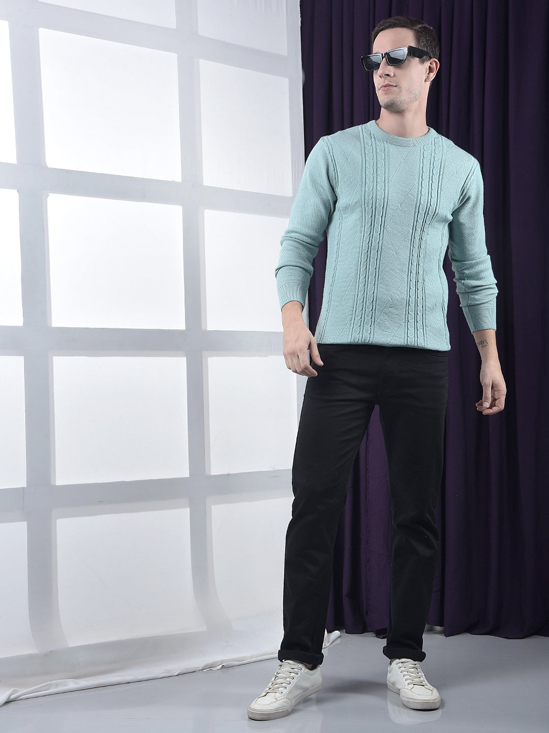 COBB SEA GREEN SELF-DESIGN ROUND NECK SWEATER