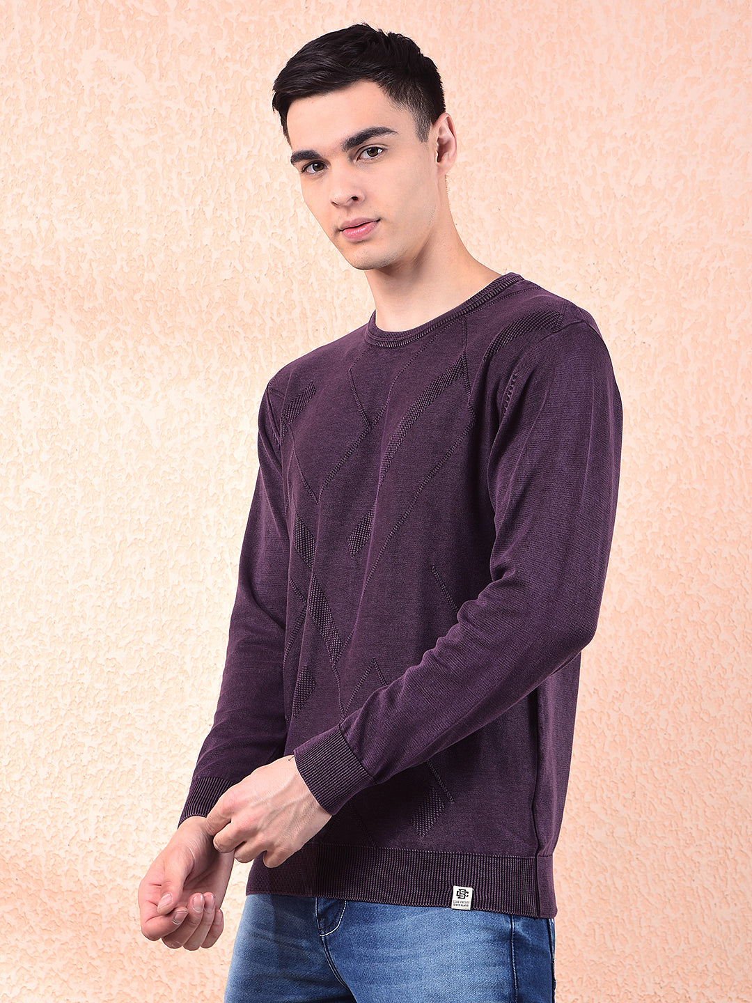 COBB MAUVE SELF-DESIGN ROUND NECK SWEATER