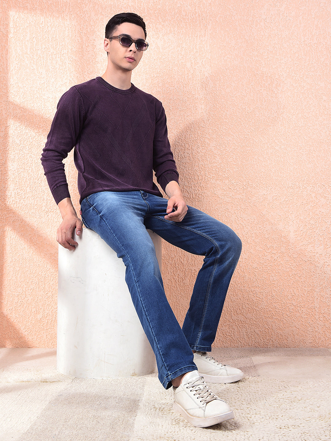 COBB MAUVE SELF-DESIGN ROUND NECK SWEATER