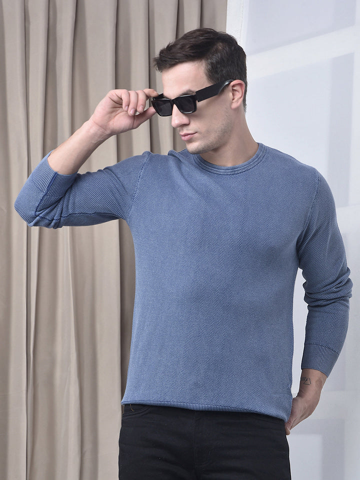 cobb solid washed blue round neck sweater