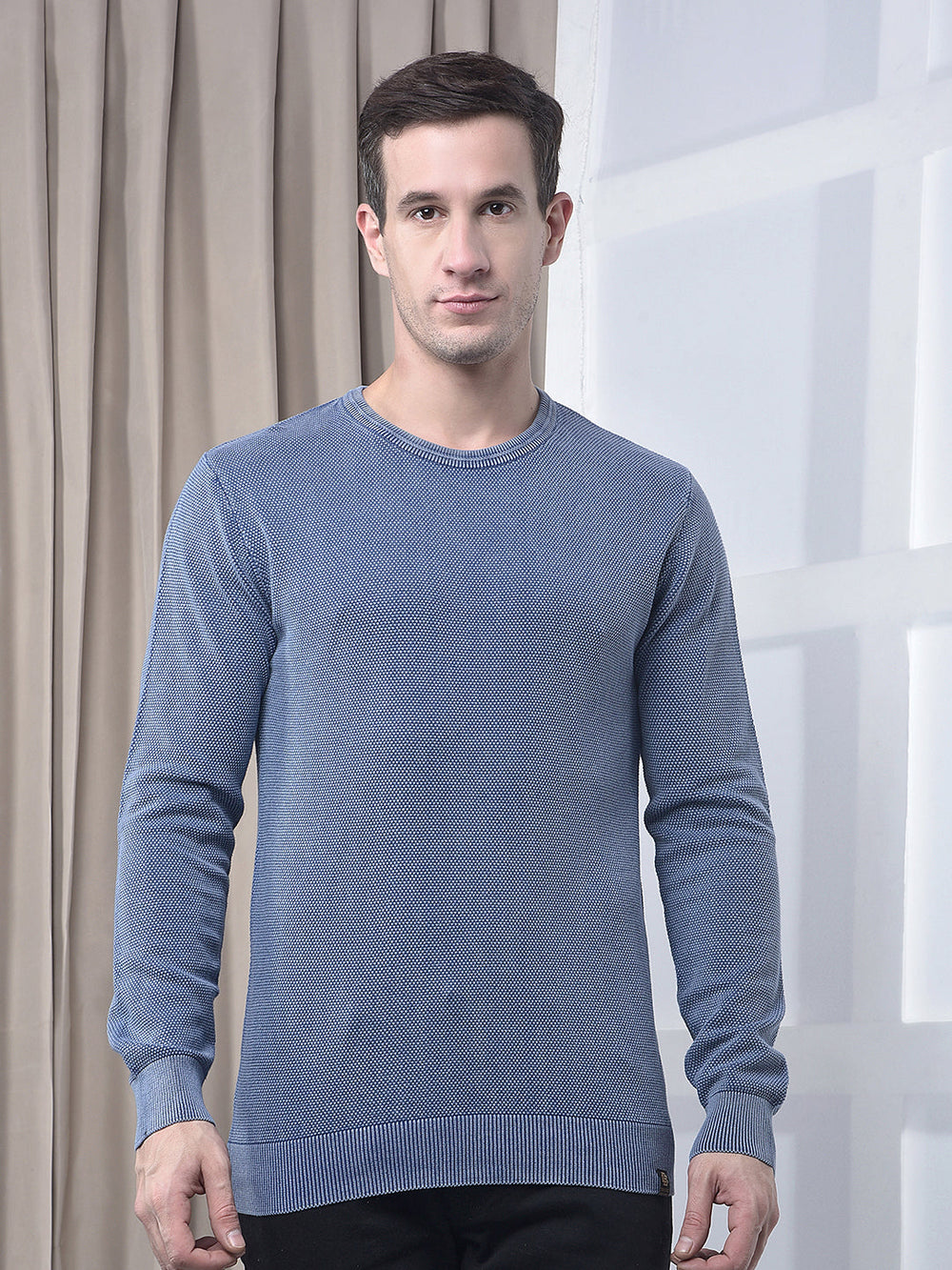 cobb solid washed blue round neck sweater