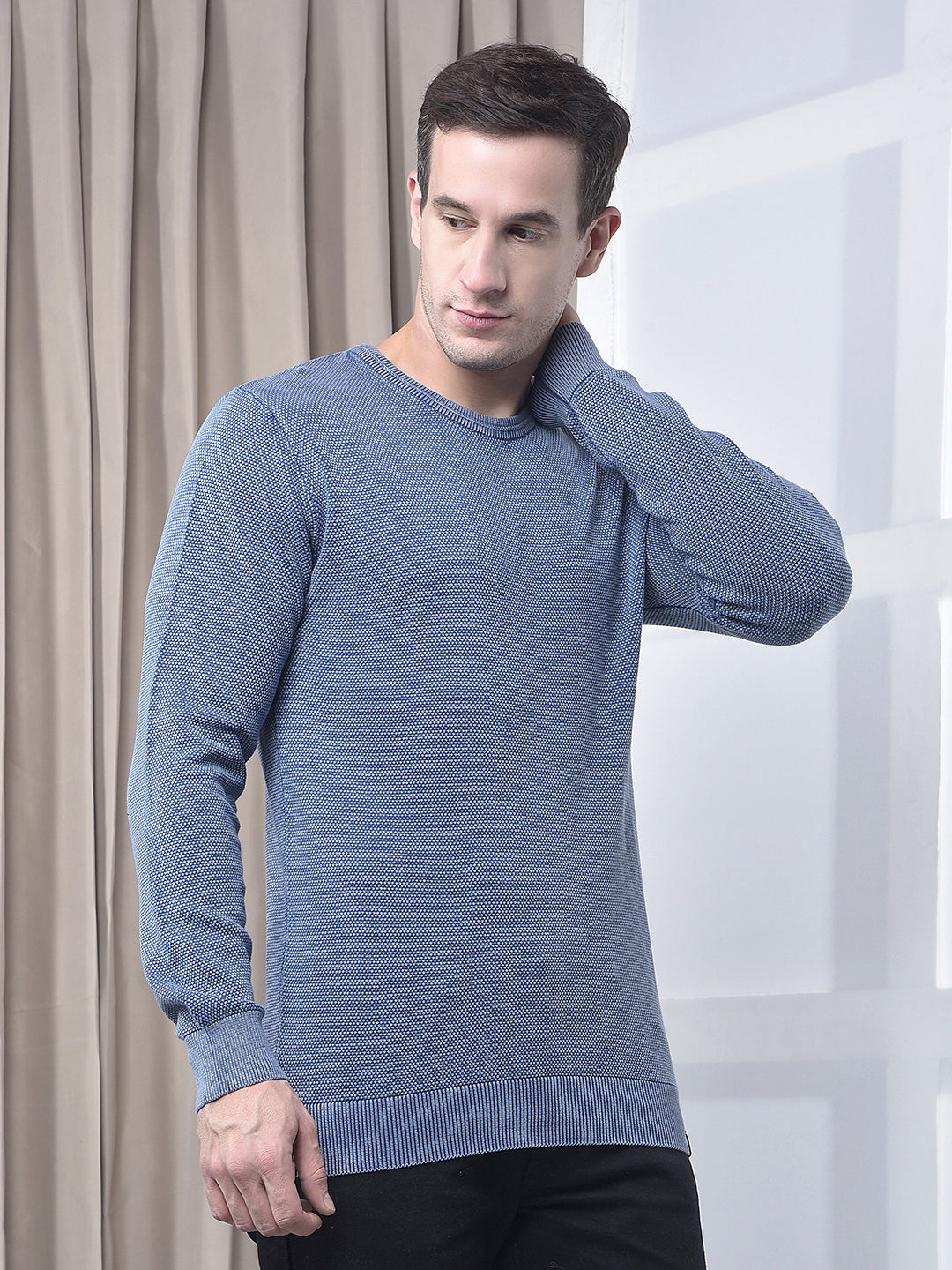 cobb solid washed blue round neck sweater