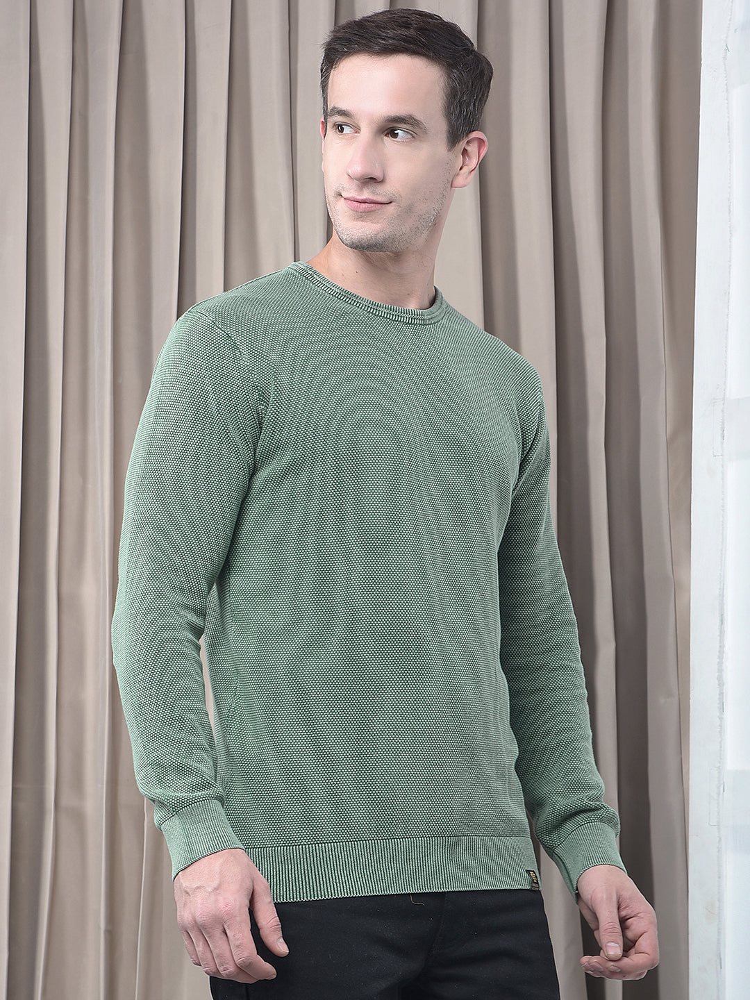COBB SOLID WASHED GREEN ROUND NECK SWEATER