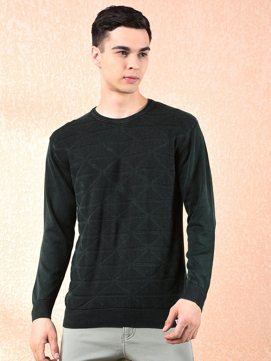 cobb bottle green self-design round neck sweater