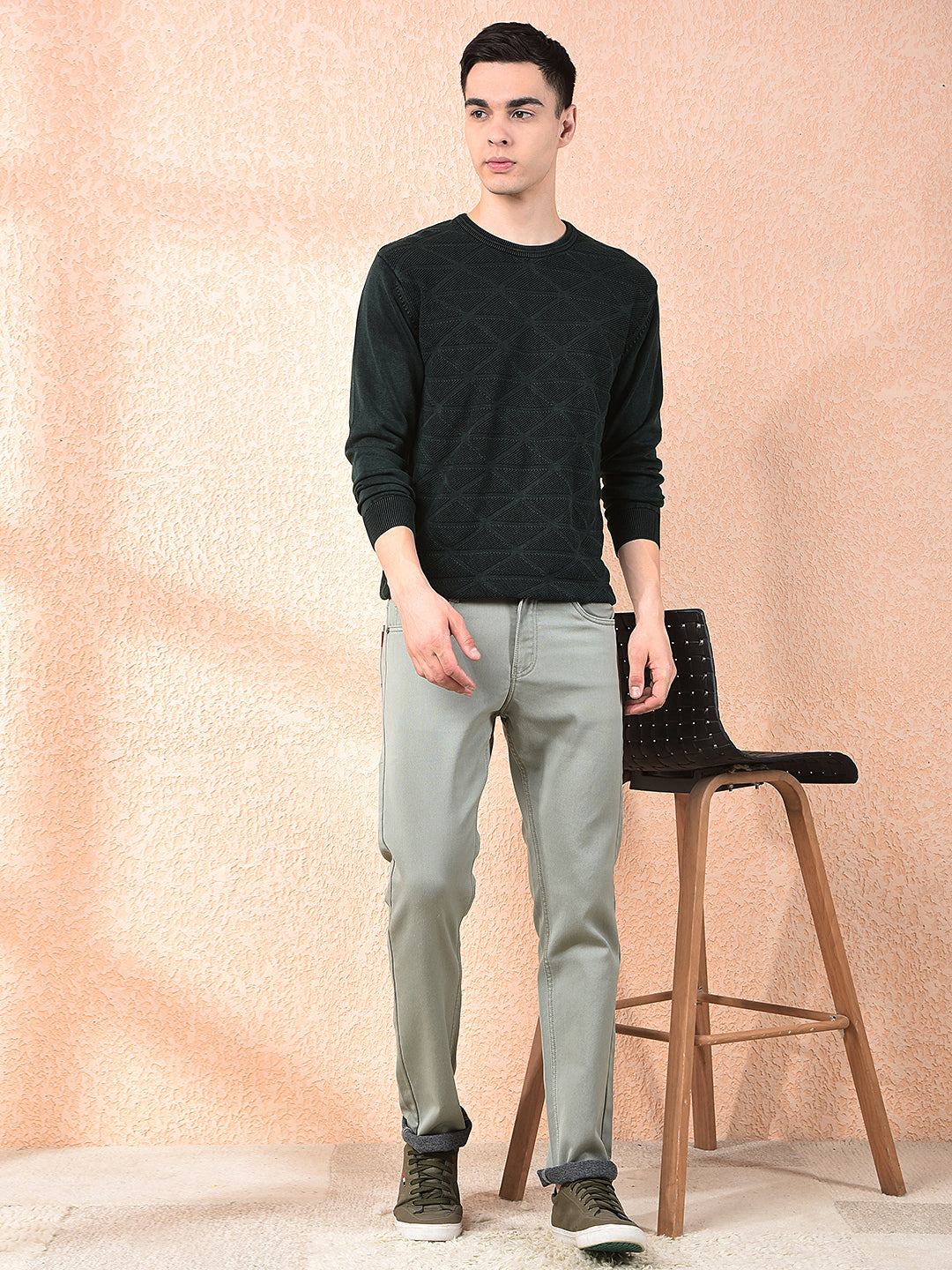 cobb bottle green self-design round neck sweater