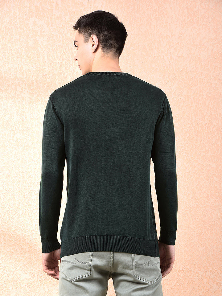 cobb bottle green self-design round neck sweater