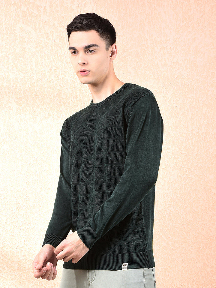COBB BOTTLE GREEN SELF-DESIGN ROUND NECK SWEATER