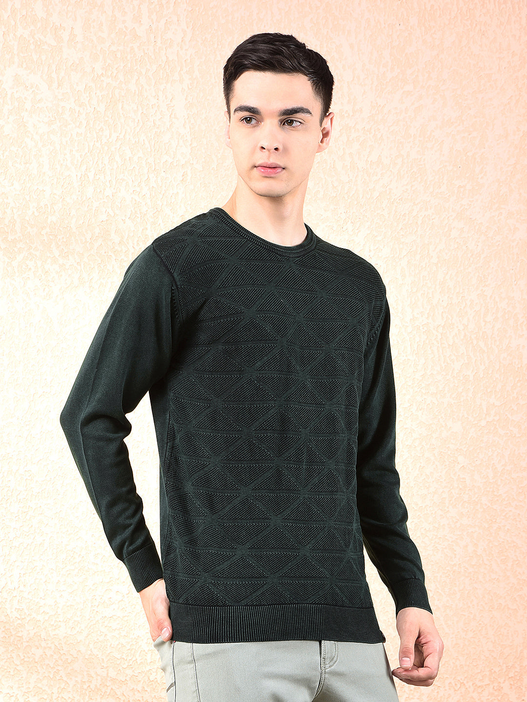 COBB BOTTLE GREEN SELF-DESIGN ROUND NECK SWEATER