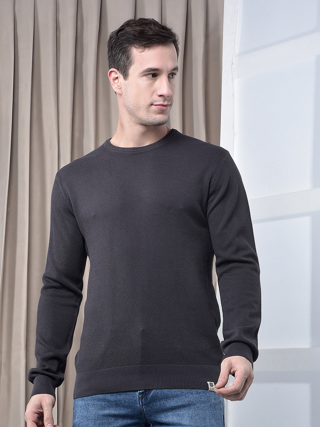 cobb solid charcoal grey round neck sweater